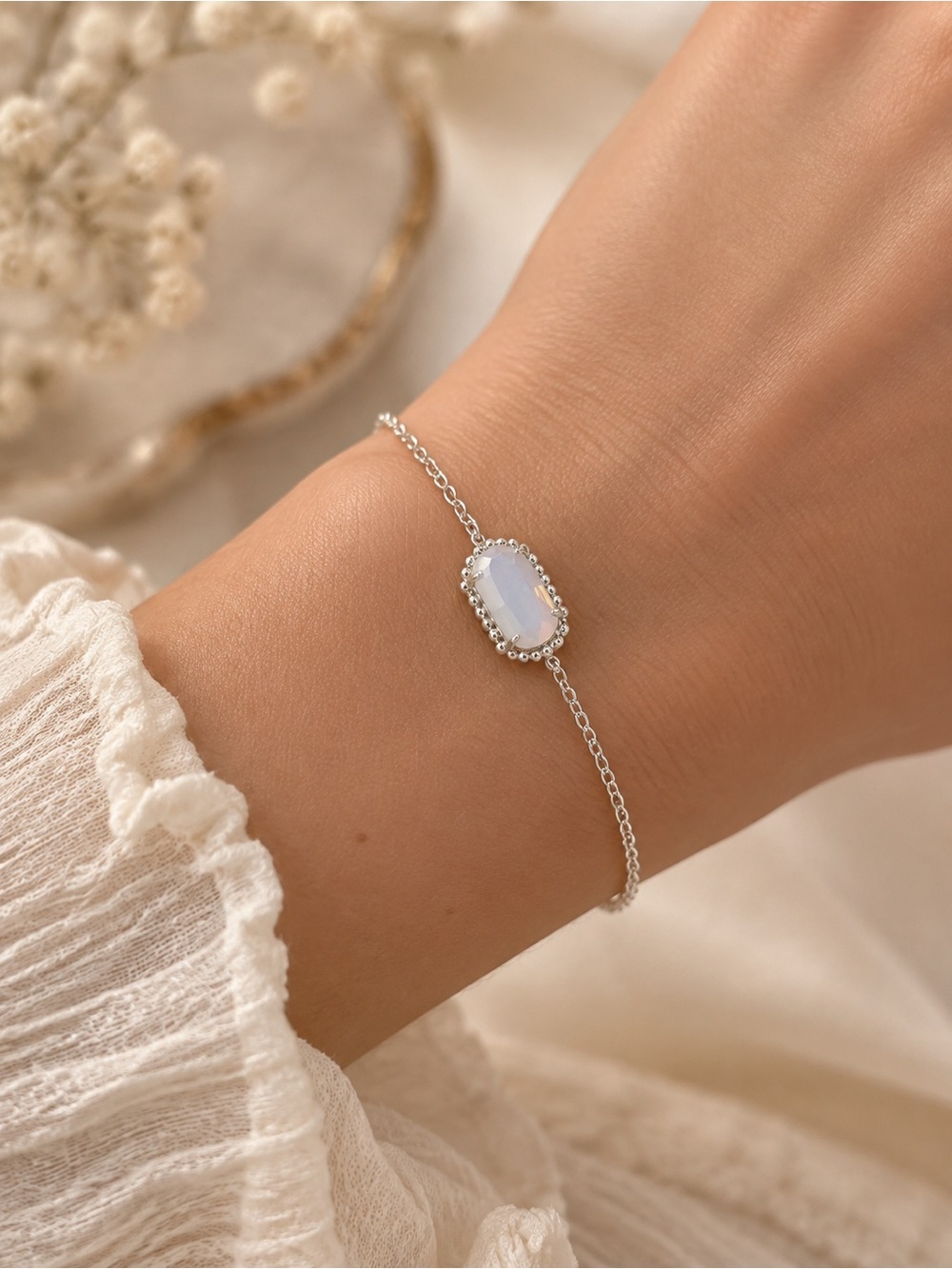 Delicate Silver Bracelet with White Opalescent Stone